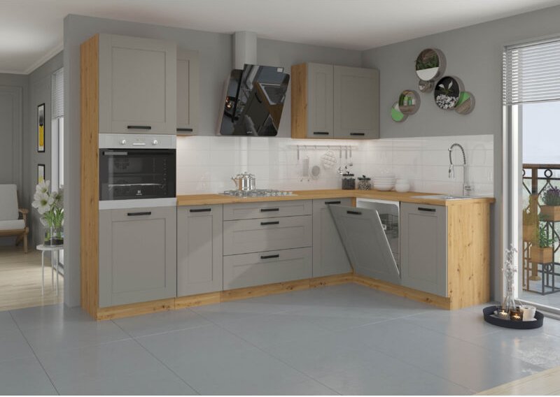 Küchenmöbel-Set Isladora 285 Eckküche mit Hängeschränken Hellgrau Artisan - Furnix