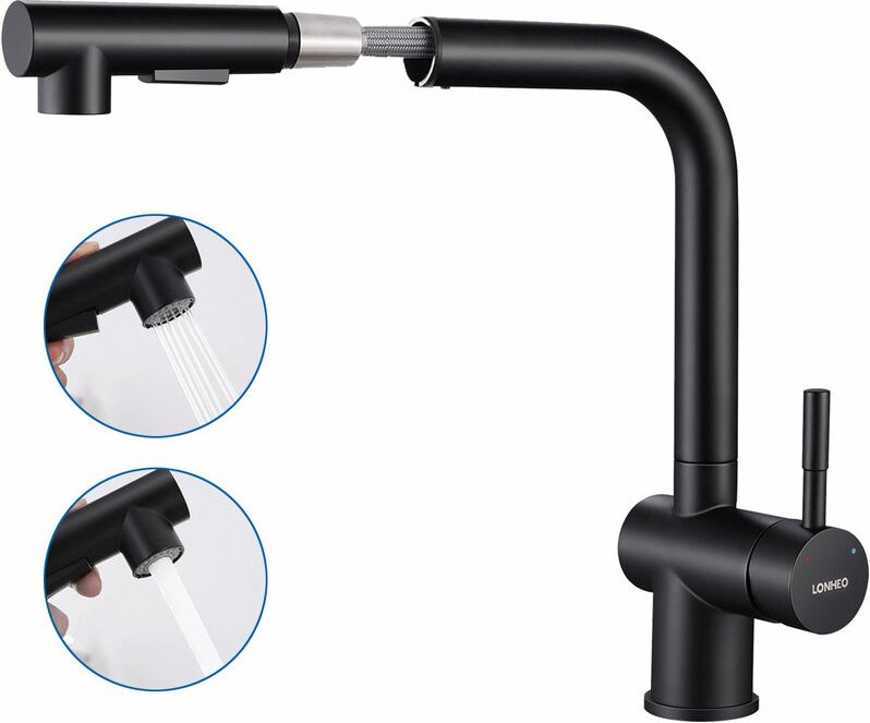 Thumbnail - Küchenarmatur mit Brause Ausziehbar Lonheo Hochdruck Wasserhahn Küche Schwarz, Einhebel Spültischarmaturen Küche mit 2 S...