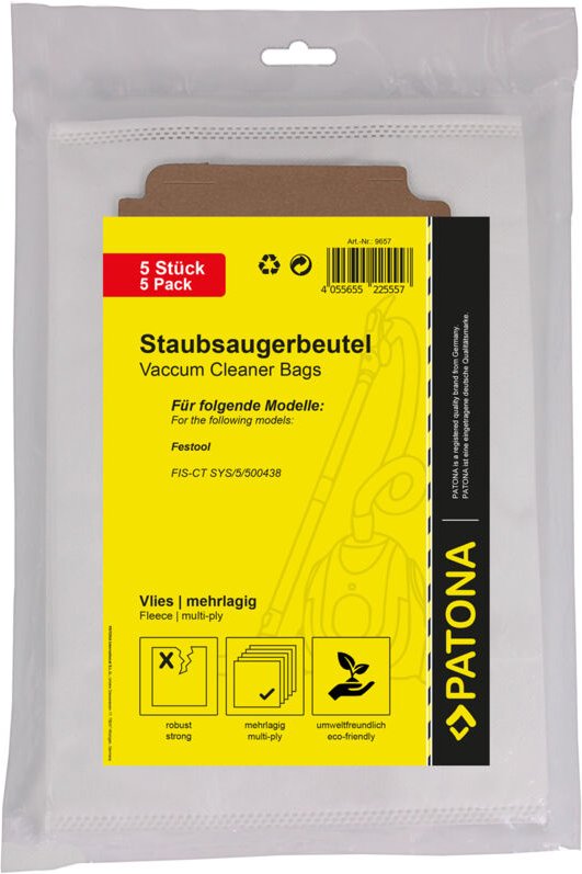 5 Staubsaugerbeutel mehrlagig Vlies Festool CT26 - Patona