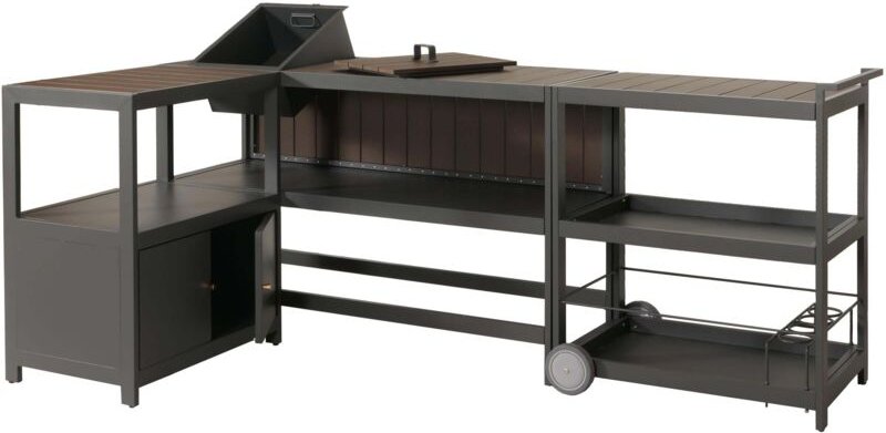 Aluminium Outdoor-Küche 3-teilig HHG 810, Außenküche Garten Servierwagen Eiskübel Schrank anthrazit, dunkle Holzoptik