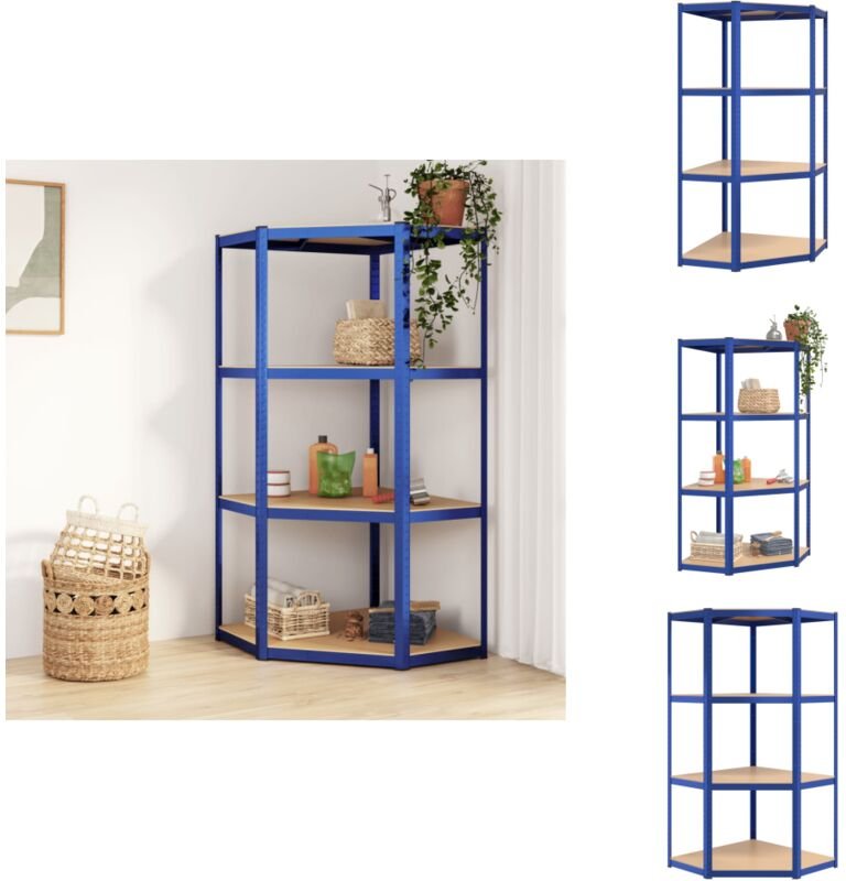 Eckregal mit 4 Böden Blau Stahl & Holzwerkstoff - Eckregal - Industrielles Regal - Metallregal - Lageregel - Werkzeugreg...