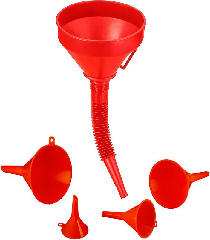 Relaxdays - Trichter Set, 5 Größen, Universaltrichter mit Schlauch und Sieb, als Auto Öltrichter und Küchentrichter, rot