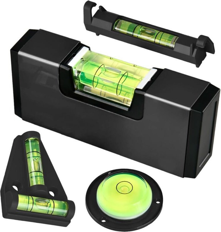 4er-Set Wasserwaagen: Cross Check-Wasserwaage, magnetisch, rund, T-förmig und Draht-Wasserwaage, grau