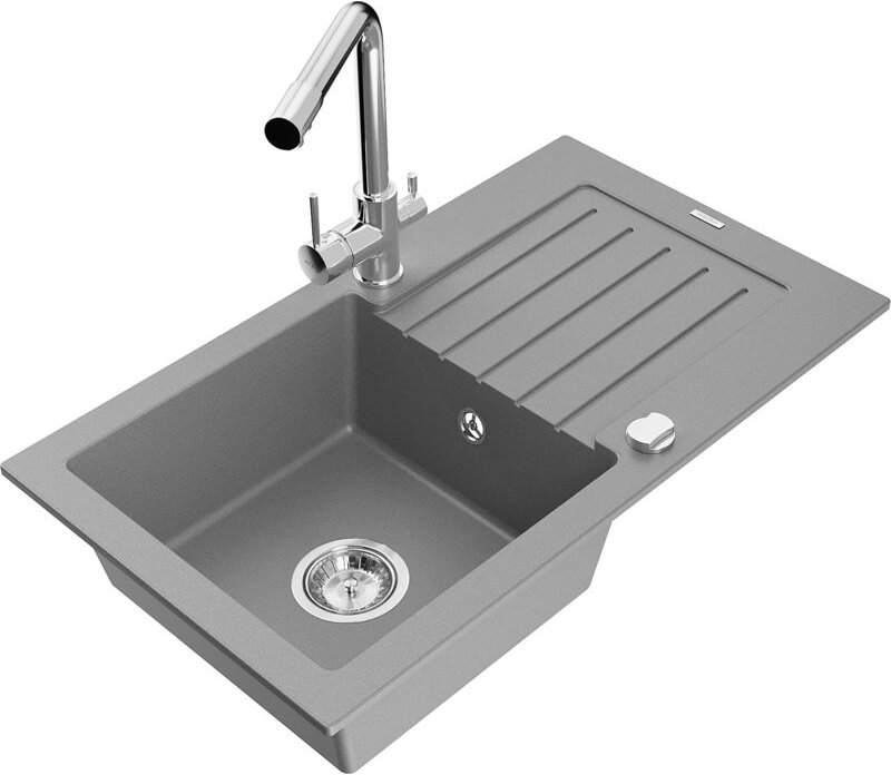 Pablo 1 Becken-Granitspüle mit Abtropffläche und Mischbatterie Duero, Grau - 6510-71-671600-00 - Mexen