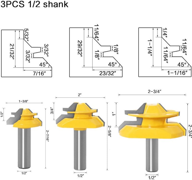 Stück Schaft 45 Grad Gehrungssperre Fräser Zapfen Holzbearbeitungswerkzeug für Holzschneiden Hartmetalllegierung 1/2'' -...