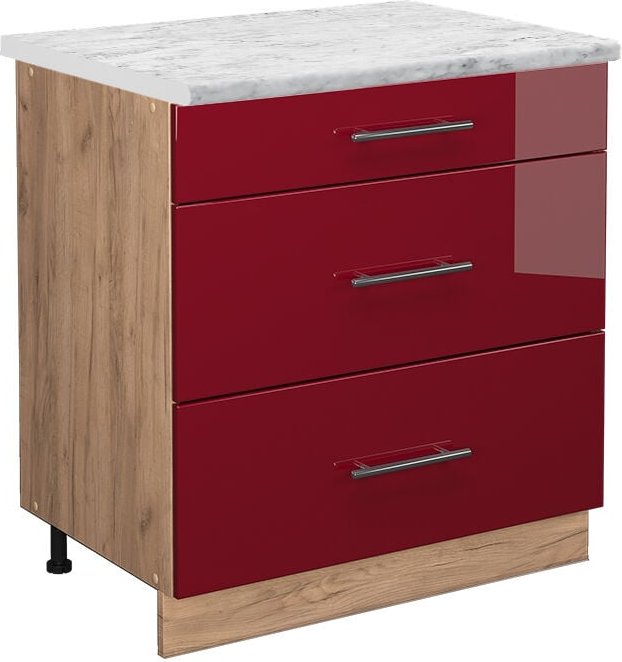 Vicco - Küchenunterschrank Fame-Line, Bordeaux Hochglanz, 80 cm mit 3 Schubladen, ap Marmor