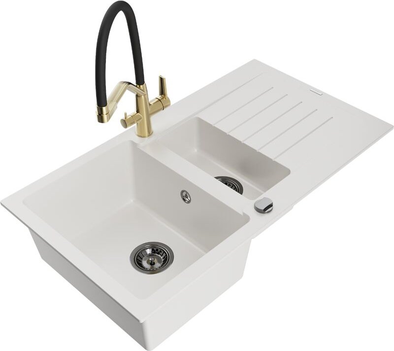 Matias 1,5-Becken-Granitspüle mit Abtropffläche und Mischbatterie Duo, Weiß - 6502-20-671701-5 - Mexen