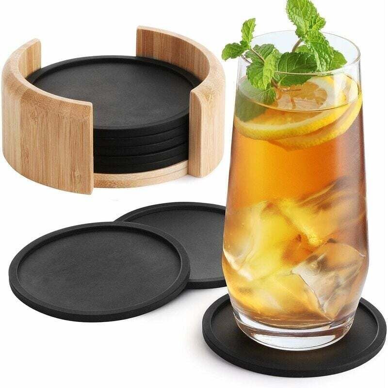 Thumbnail - Dessous de Verre Silicone rond pour verres - set de 8. Sous-bock design en verre noir pour boissons, tasses, bar, verre ...