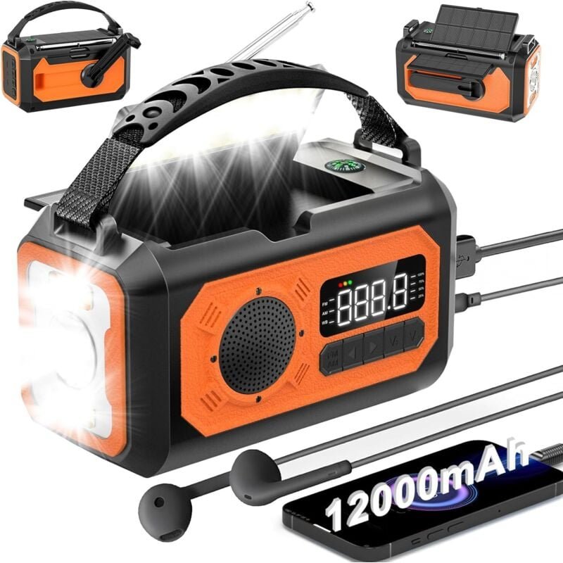 12000 mAh Notfallradio, Handkurbelradio, tragbares AM/FM/NOAA-Wetterwarnradio, Solarradio mit Taschenlampe, Leselampe, S...