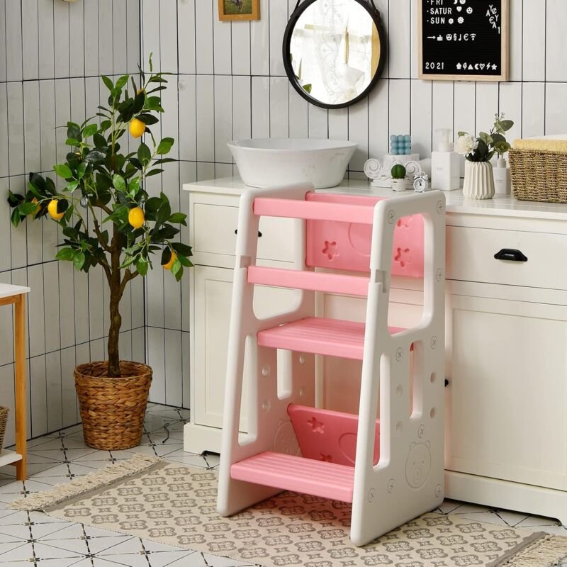 2 in 1 Baby Lernturm, Küchenhelfer mit 3 Verstellbaren Hoehen, Anti-Rutsch-Stufe, Rausfallschutz & Sitzflaeche für 18-60...