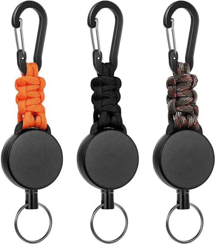3-teiliger Karabiner mit Spule, 60 cm Stahlkabel, einziehbarer Gürtel-Schlüsselanhänger - Lntyq