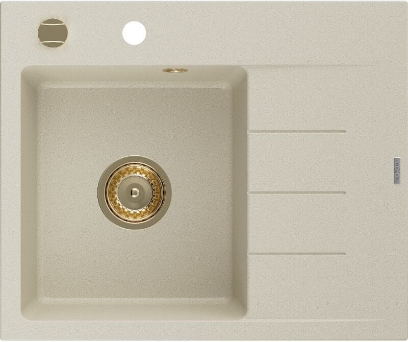 Ben Granitspüle 1-beckig mit linker Abtropffl√§che 600 x 500 mm, beige, goldener Siphon - 6522605000-69-G - Mexen
