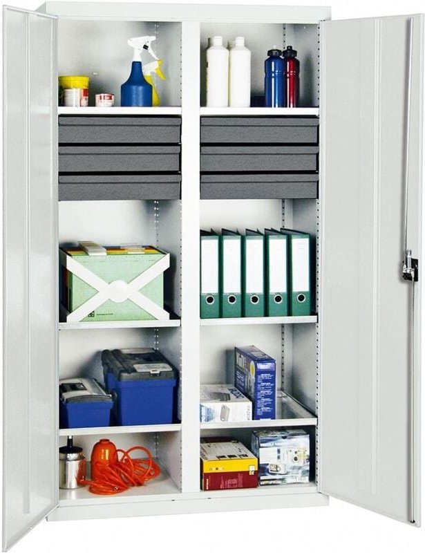 Werkzeug- und Materialschrank Serie 3000 lichtgrau + 6 Schublade 100 mm + Mitteltrennwand + 6 Auszugsböden - 3004207 - S...