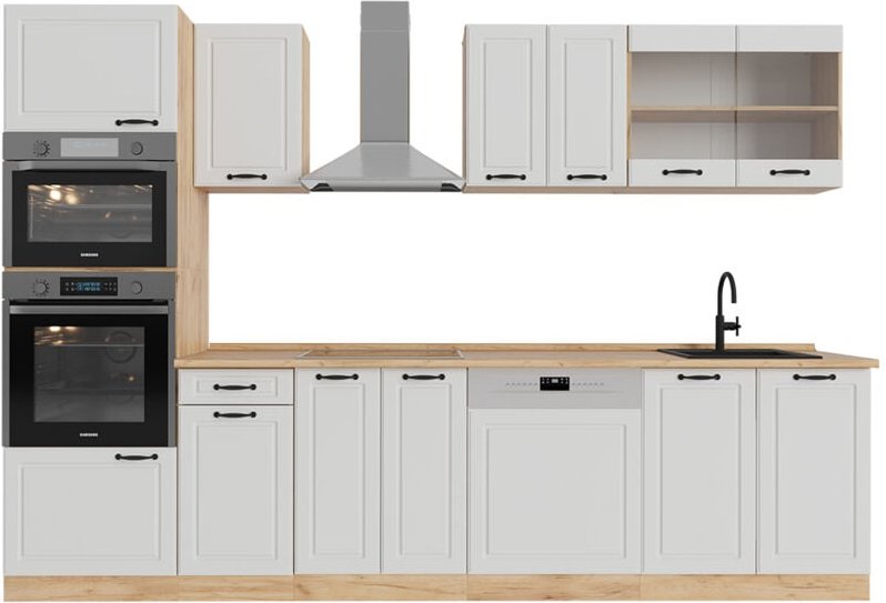 Thumbnail - Vicco - Küchenzeile R-Line, Weiß Landhaus/Goldkraft Eiche, 300 cm mit Hochschrank, ohne Arbeitsplatte