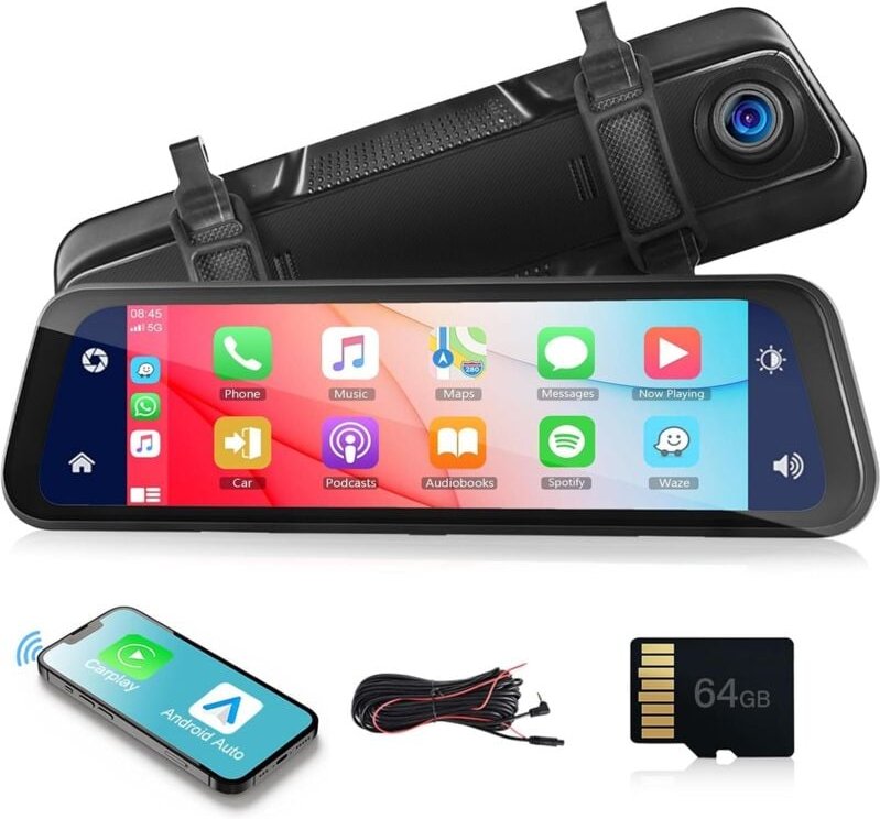 Rückspiegel-Dashcam mit kabellosem Apple Carplay Android Auto Bluetooth, 9,66-Zoll-Touchscreen-Dashcam mit Frontkamera, ...