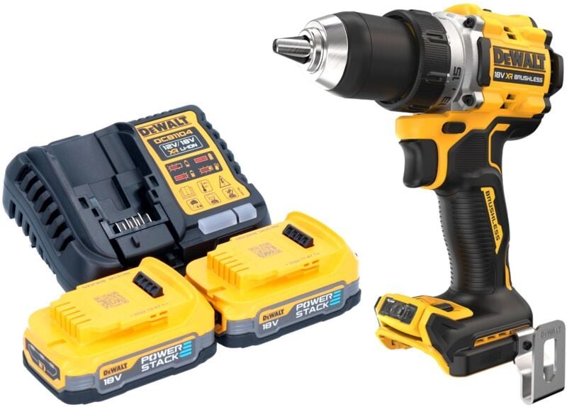 DeWalt DCD 800 E2 Akku Bohrschrauber 18 V 90 Nm Brushless + 2x Powerstack Akku 1,7 Ah + Ladegerät