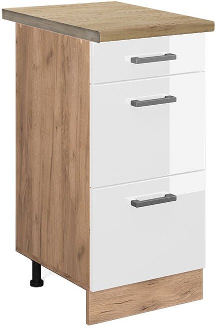 Thumbnail - Vicco - Küchenunterschrank R-Line, Weiß Hochglanz, 40 cm mit Schubladen, ap Eiche