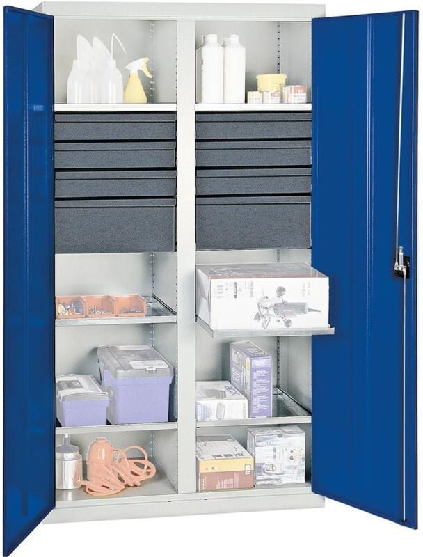 Werkzeug- und Materialschrank Serie 3000 lichtgrau / enzianblau + 6 Schublade 100 mm + 2 Schublade 200 mm + Mitteltrennw...