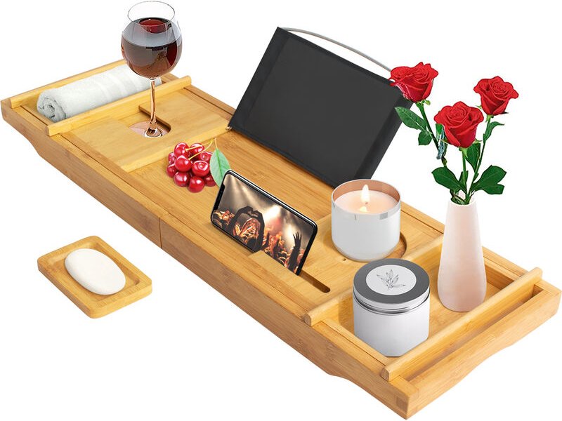 Badewannenablage, Badewannenbrett Material: Bambus Größe: 109 x 23 x 3,8 cm Mit 2 abnehmbaren Haltern und Seifenhalter, ...