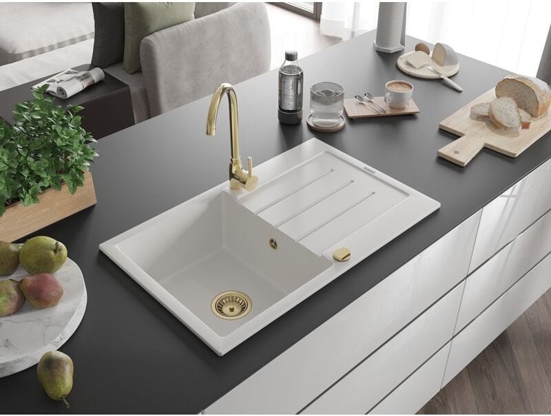 Bruno Granitspüle mit einem Becken und einer Abtropffläche 795 x 495 mm, Weiß, Siphon Gold - 6 - Mexen