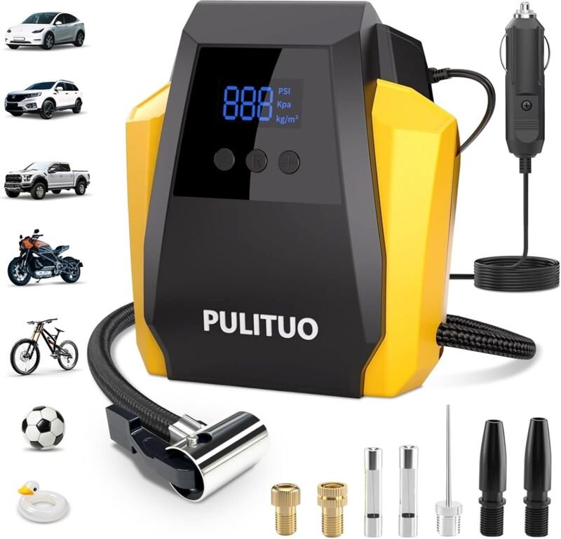 Pulituo - Compresseur d'air portable Accessoires auto : pompe à air 12 v cc pour pneus de voiture avec manomètre numériq...