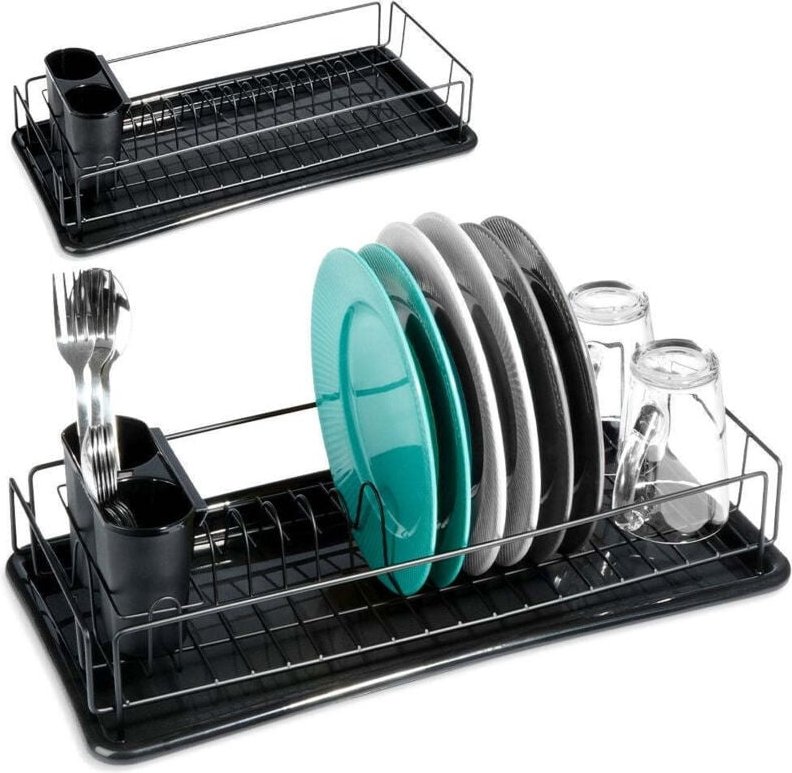 Elegant black dish rack with drainage tray