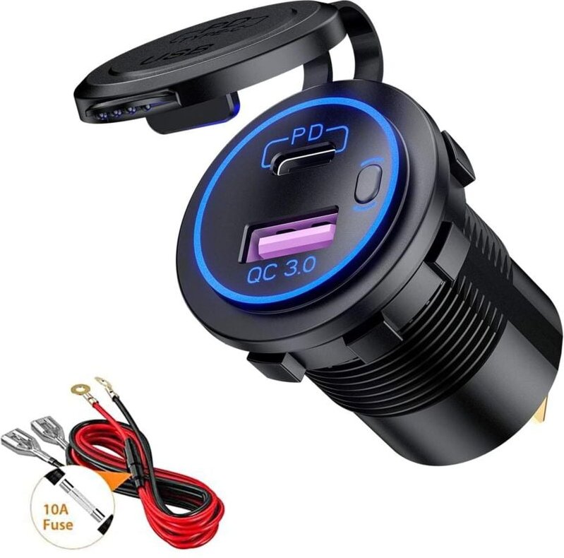 Thumbnail - QC3.0 und pd Typ-C USB-Autoladebuchse mit wasserdichtem LED-Schalter für 12 V-24 v Autos, Boote, Motorräder, Blau - Labl...