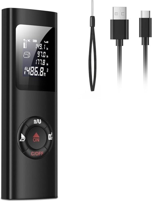 Thumbnail - 60 m Laser-Entfernungsmesser, tragbar, digital, misst Entfernung, Fläche, Volumen, Pythagoras-Funktion, IP54, LCD-Hinter...