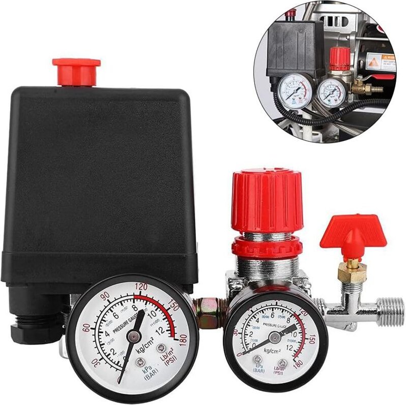 Fitags - Luftkompressor-Druckschaltventil, Druckregler, kleines Kunststoff-Druckmessgerät,