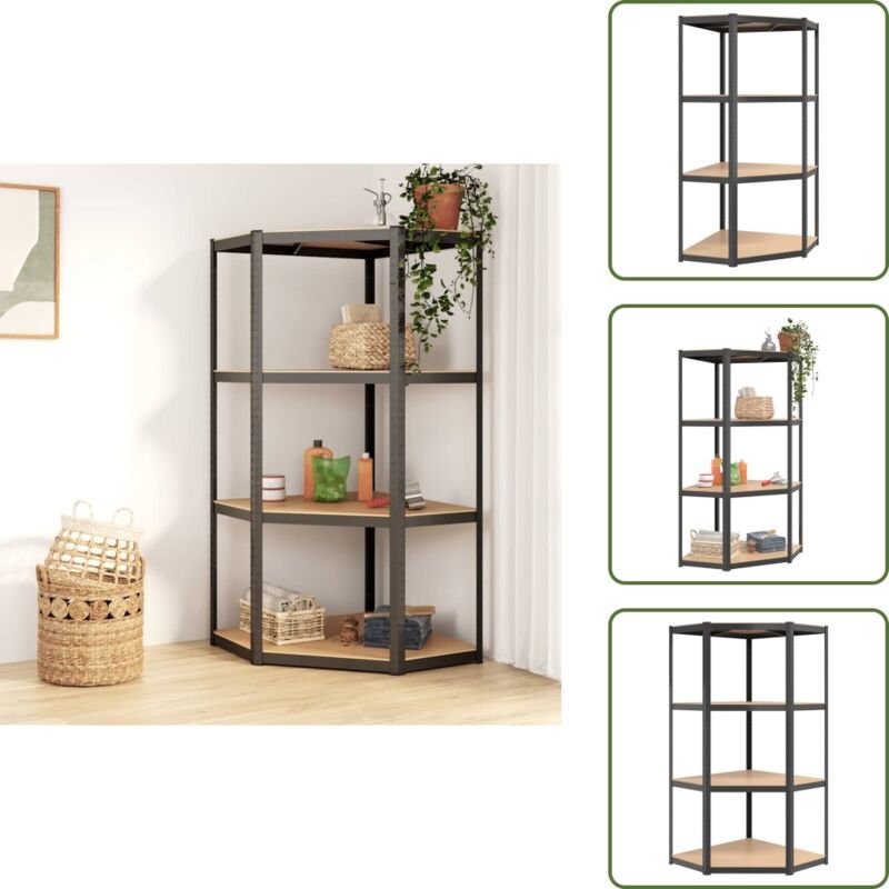 Eckregal mit 4 Böden Anthrazit Stahl & Holzwerkstoff - Eckregal - Industrielles Regal - Metallregal - Lageregel - Arbeit...