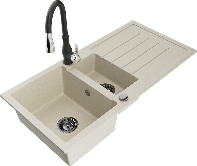 Andres 1,5-Becken-Granitspüle mit Abtropffl√§che und Mischbatterie Savita, Beige - 6515-69-672601-70 - Mexen