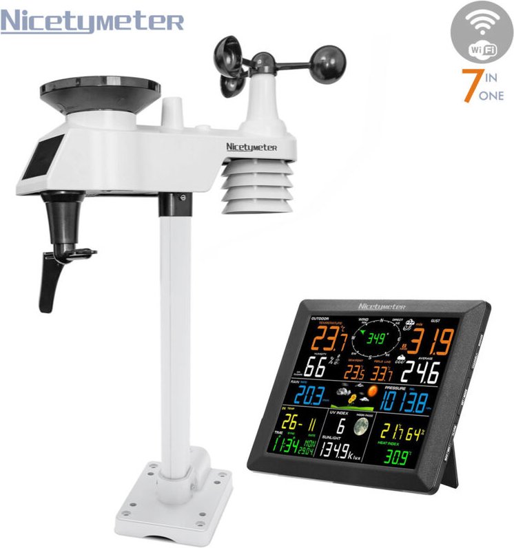 7-in-1-WLAN-Wetterstation, kabellose Wetterstation für drinnen und draußen, Solar, 8,3 Zoll großer Farbbildschirm, digit...