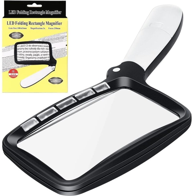 Rechteckige Leselupe, Beleuchtete Leselupe, 3X große beleuchtete Lupe mit 5 LED-Leuchten, 2 Intensitätsmodi, für Seniore...