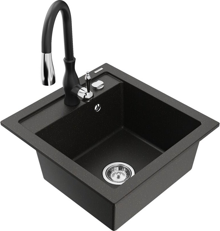 Vito 1-Becken-Granit-Spüle mit Mischbatterie Savita, Schwarz/Gold metallisch - 6503-75-672601- - Mexen