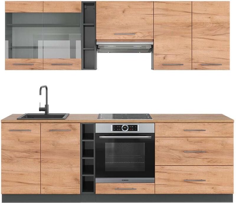 Vicco - Küchenzeile Fame-Line, Goldkraft Eiche/Anthrazit, 235 cm , ap Eiche