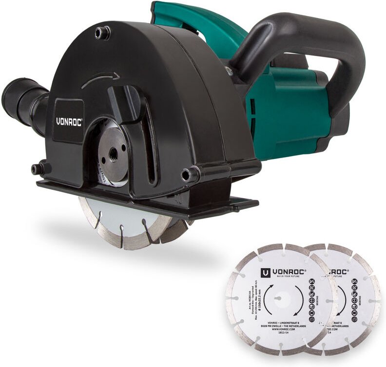 Vonroc - Mauernutfräse Schlitzfräse 1700 w - 150 mm Komplettset mit 4 Stück Diamantscheiben und Aufbewahrungstasche
