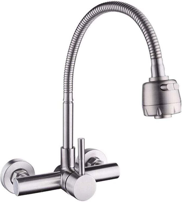 Küchenarmatur, Wandmontage, Mischbatterie, 304 Edelstahl, 360° drehbar, Spültischarmatur mit flexiblem Schlauch