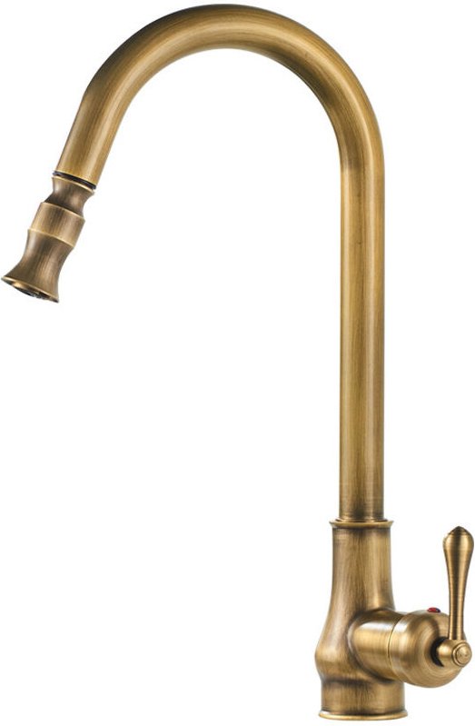 Antiker Küchenhahn aus Messing, 360° drehbarer Küchenmischhahn mit ausziehbarer Brause, Vintage Küchenspülenhahn