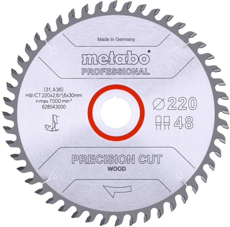Metabo Sägeblatt precision cut wood - professional 220x2,6/1,6x30, Z48, Spanwinkel 10°, Hohlzahn