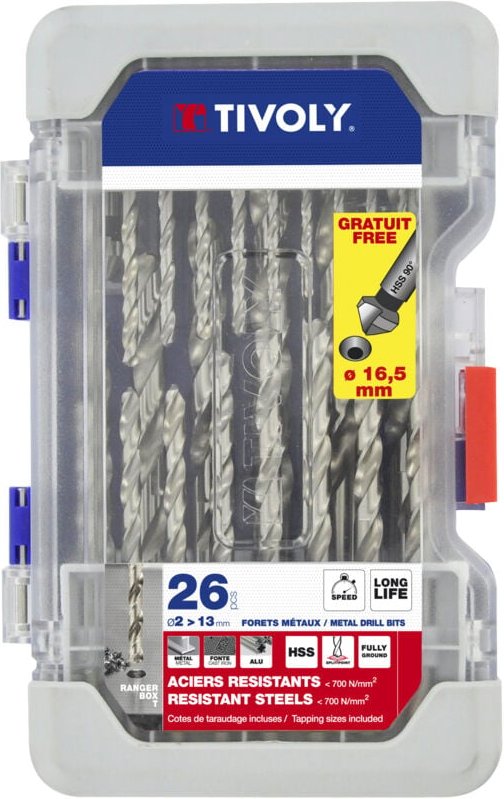 Thumbnail - Finish - Tivoly • Ranger-Box-Set mit 26 Teilen – 25 HSS-Metallbohrer, geschnitten und geschliffen, Kreuzspitze ø 2 bis 1...