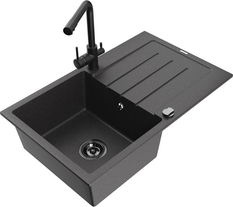 Bruno 1 Becken-Granitspüle mit Abtropffl√§che und Mischbatterie Duero, Schwarz gesprenkelt - 6513-76-671600-70-B - Mexen