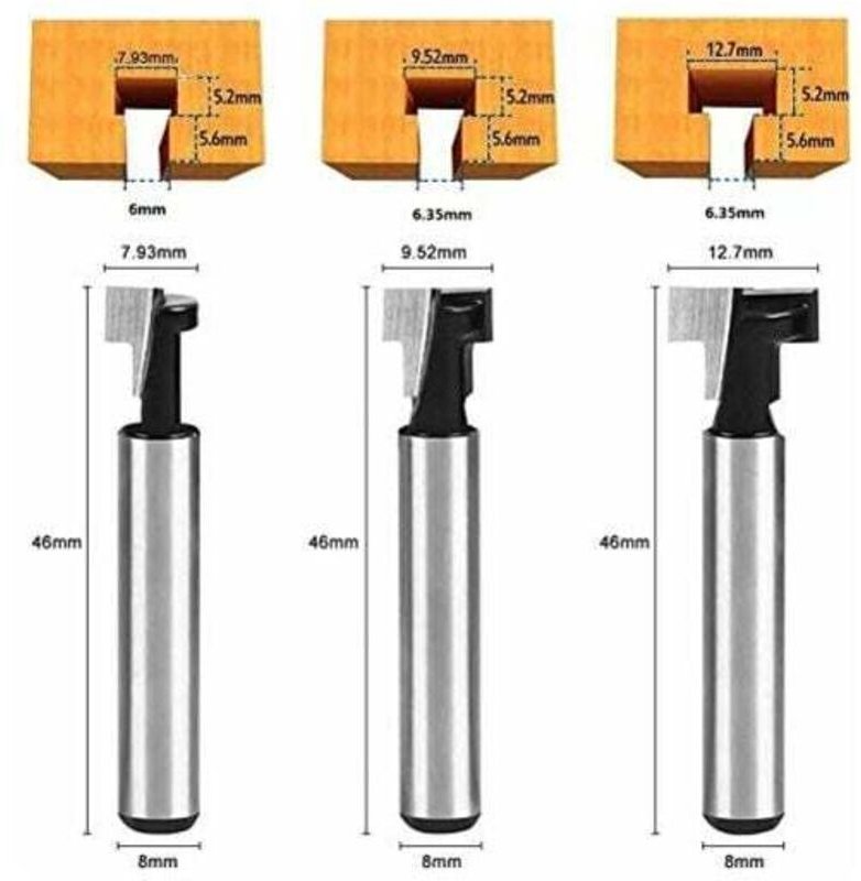 8 mm T-Nut-Fräser, T-förmige Fräser, 3 Stück (7,93/9,52/12,7 mm) Schaft mit Klinge, Holzbearbeitungsfräser für Elektrowe...