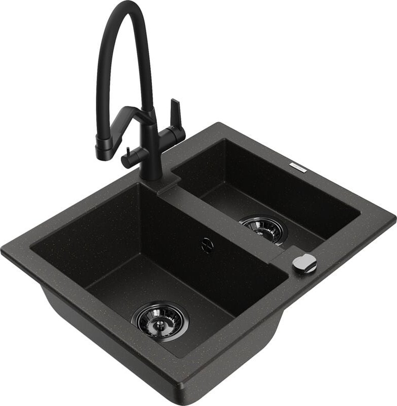 Carlos 1,5-Becken-Granitspüle mit Mischbatterie Duo, Schwarz/Gold metallisch - 6518-75-671701- - Mexen