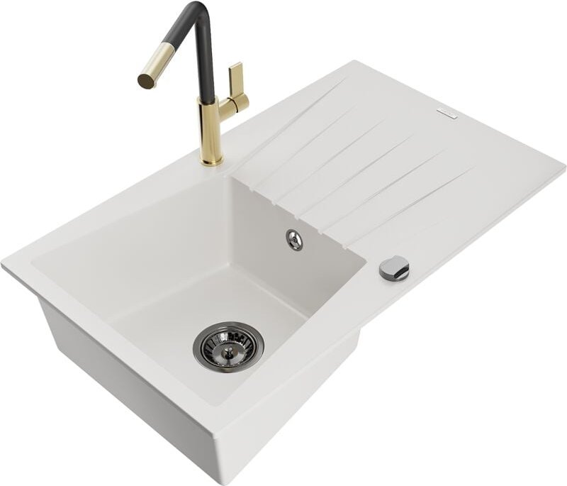 Cesar 1 Becken-Granitspüle mit Abtropffläche und Mischbatterie Flora, Weiß - 6514-20-670401-57 - Mexen