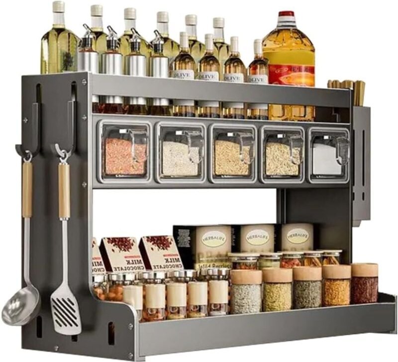 An der Wand montiertes Gewürzregal mit Haken und Utensilienhalter für Gewürze, hängendes Gewürzregal, Gewürzglas-Organiz...
