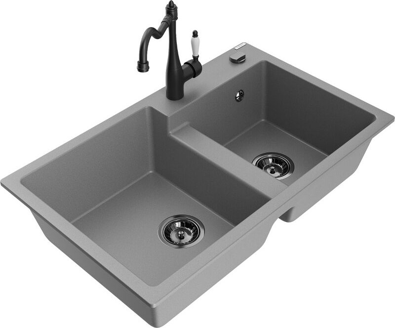 Tomas 2-Becken-Granitspüle mit Mischbatterie Carla, Grau - 6516-71-670700-70-B - Mexen