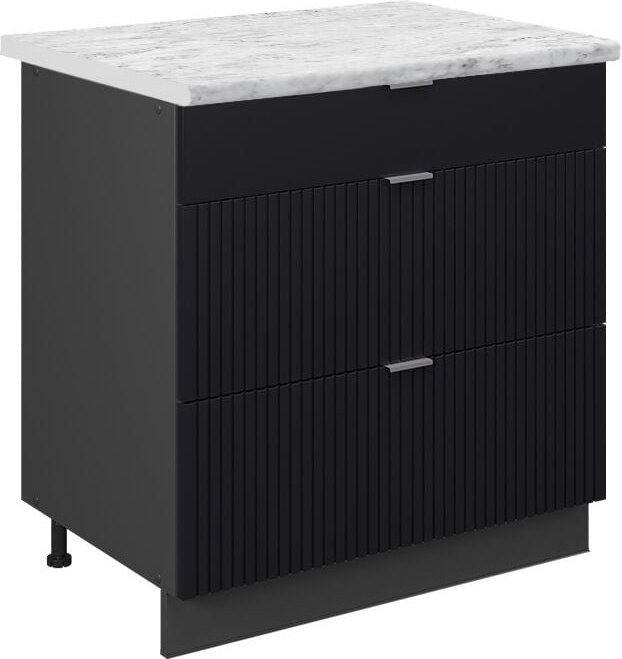 Vicco - Küchenunterschrank Fame-Line, Schwarz gestreift, 80 cm mit 3 Schubladen, ap Marmor