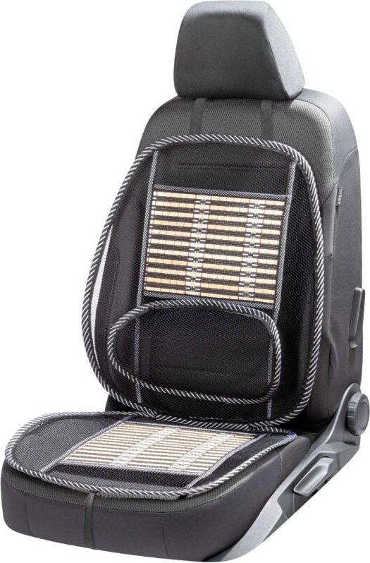 Atmungsaktive Bambus-Sitzauflage mit Lordosenstütze, Auto-Sitzauflage beige/schwarz