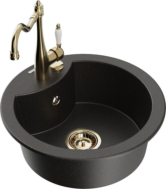 Diego 1-Becken-Granit-Spüle mit Mischbatterie Carla, Schwarz/Gold metallisch - 6512-75-670700-50 - Mexen