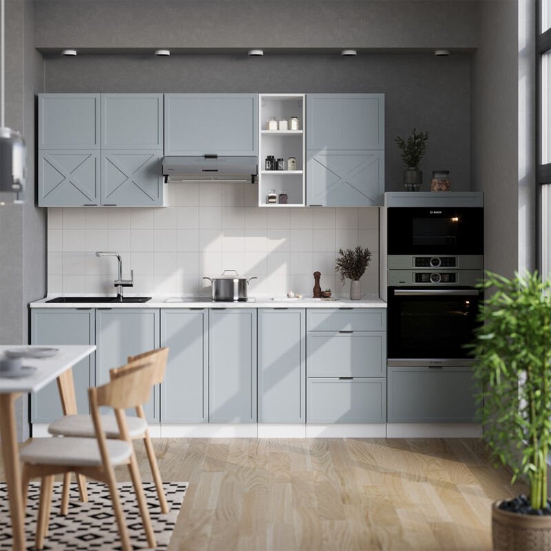 Küchenzeile Fame-Line, Hellblau-grau/Weiß, 280 cm , AP Anthrazit, Vicco